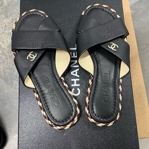 CHANEL Black Sandals with Gold Logo